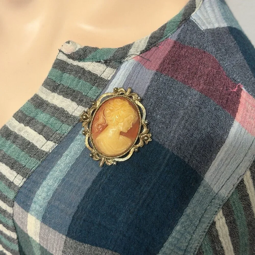 VTG Brooch Pendant Cameo Victorian French Lady Carved Bakelite Celluloid 3” L